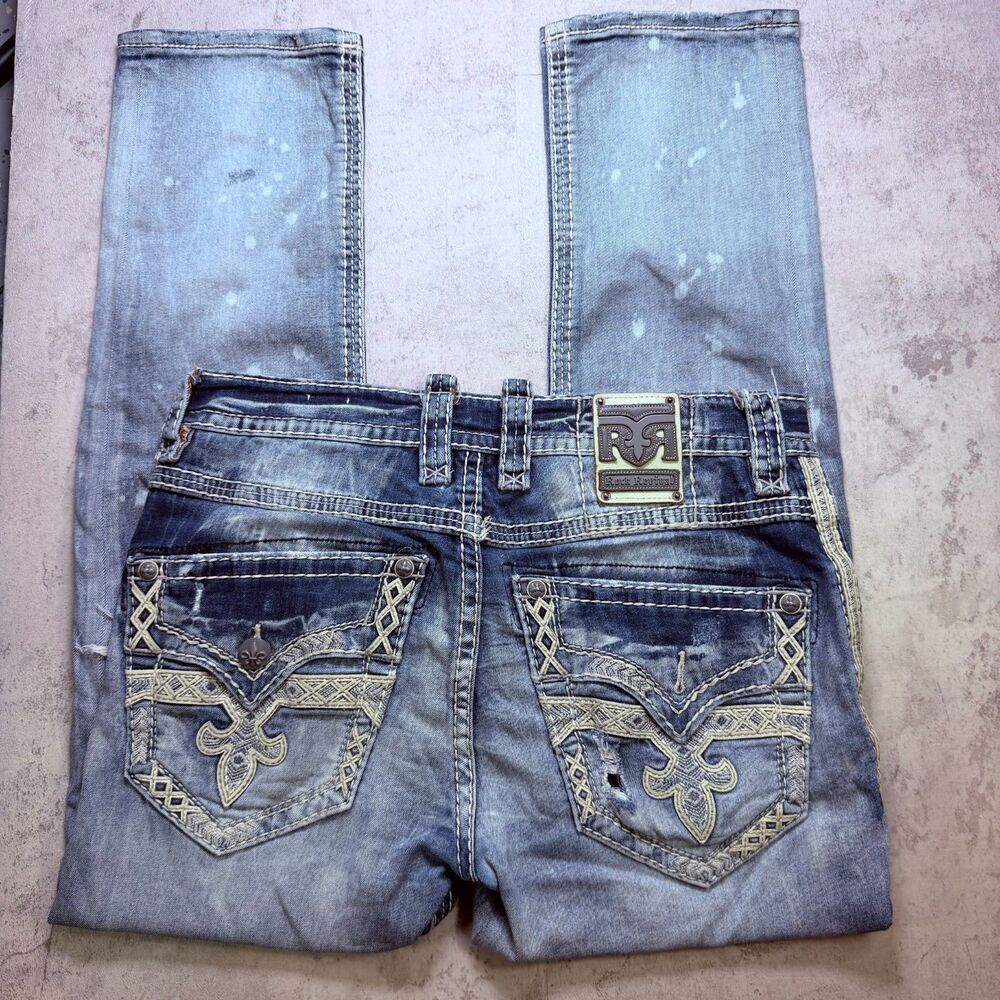 Rock Revival Bridge Straight Distressed Jeans Mens 34 Light Wash Destroyed